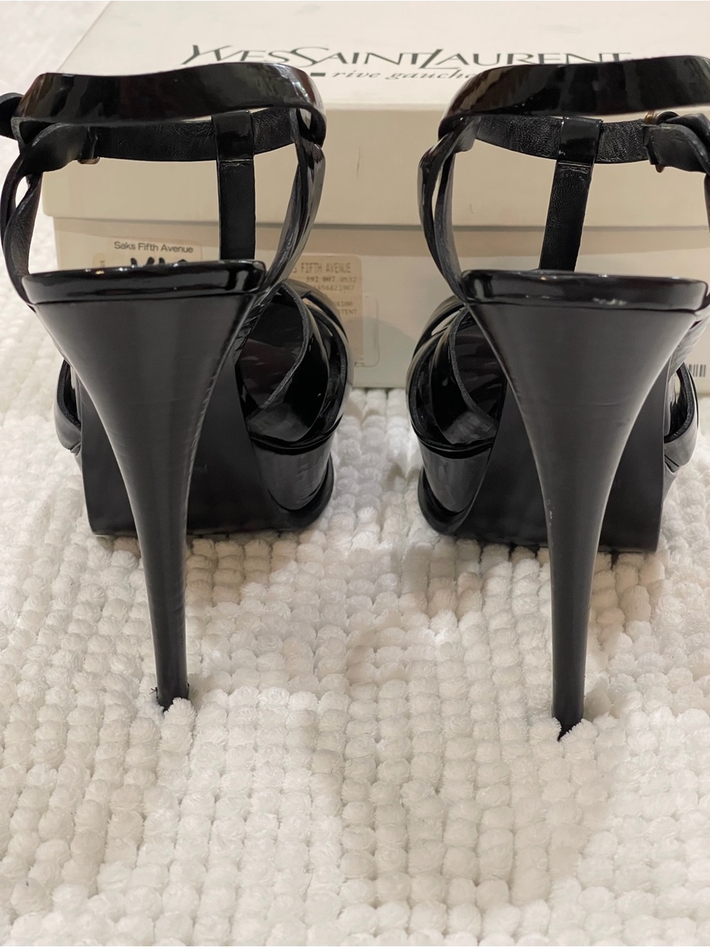Saint Laurent Black Patent Leather T-Strap Woven Heels with Gold Accents - Picture 6 of 9